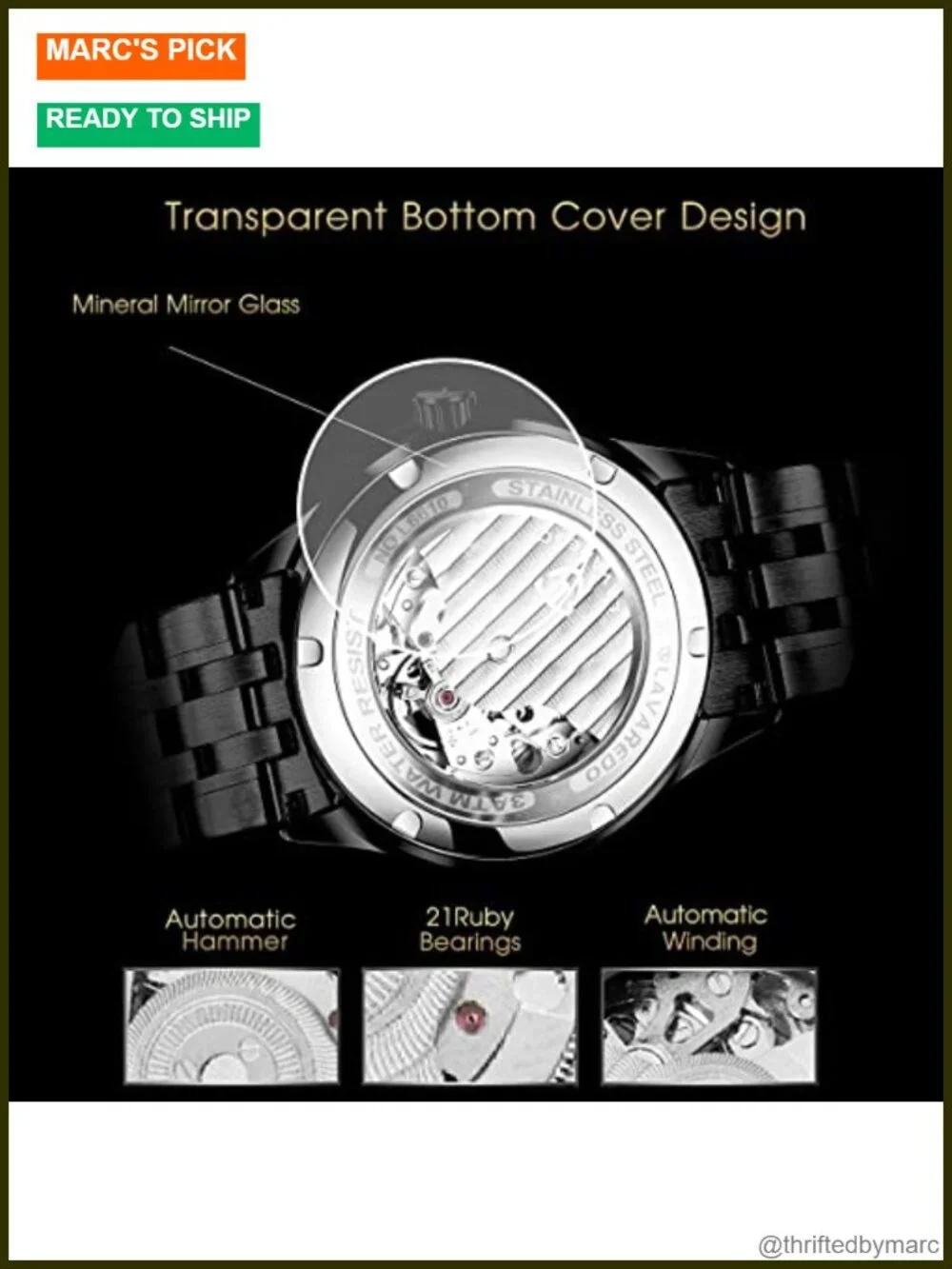 Mechanical Skeleton Automatic Self-Winding Wrist Watch Stainless Steel